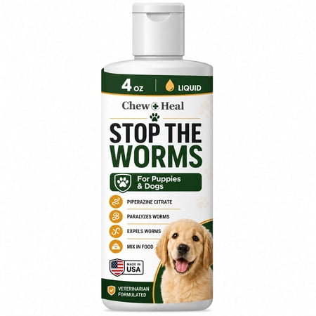 Chew + Heal Puppy and Dog Dewormer - 4 oz - Wormer Liquid to Paralyze and Expel Roundworms - Great for Cats and Kittens