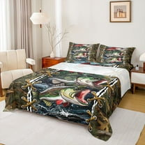 jejeloiu Big Bass Fish Twin Sheet Sets,Rustic Farmhouse Hunting Twin Fitted Sheet,Brown Fall Leaves Flat Sheet For Men Women,Ultra Soft Home Decor,3pcs