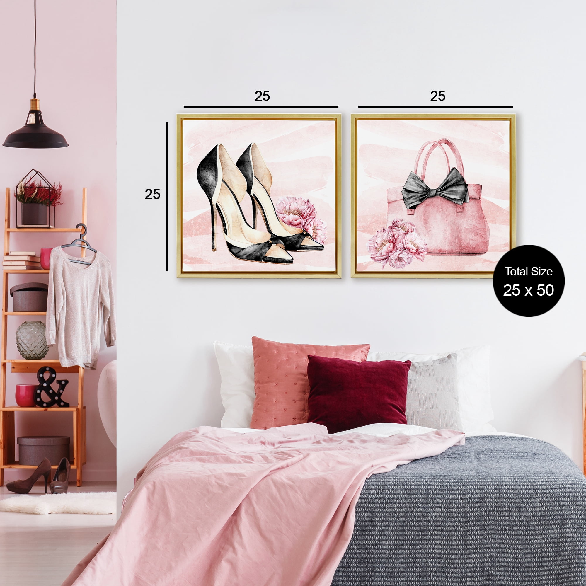 Stupell Industries Rosy Glam Time Shoes 2 Piece Gold Framed Floater Canvas Set, design by Kim Allen