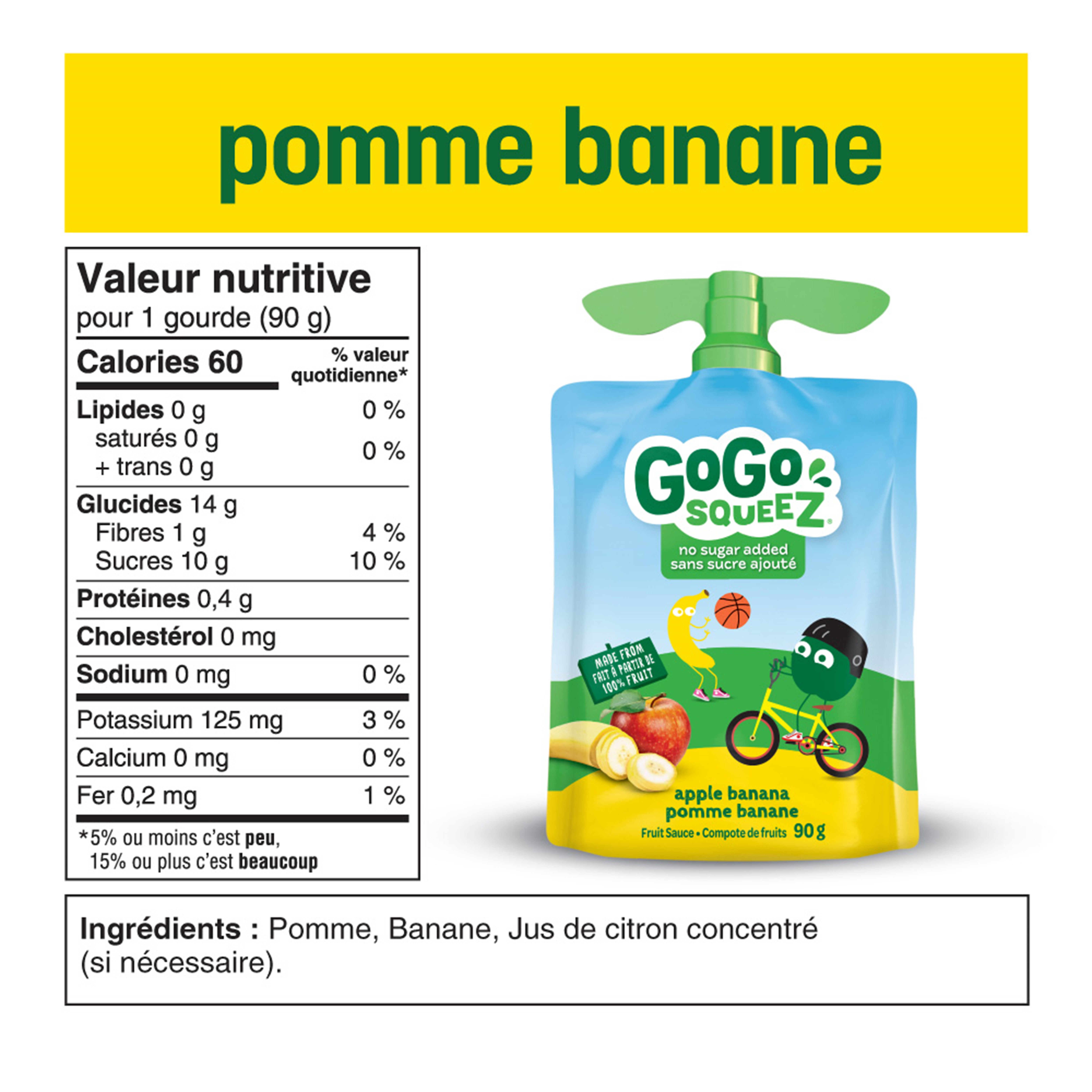 Compote de fruits GoGo squeeZ, pomme banane, sans sucre ajouté. 90 g par gourde, emballage de 4 4 gourdes x 90 g (360 g)