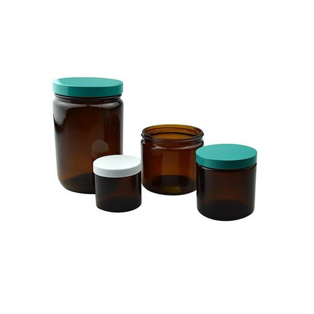 32 oz Amber Glass Straight Sided Round Jar with 89-400 Green Thermoset ...