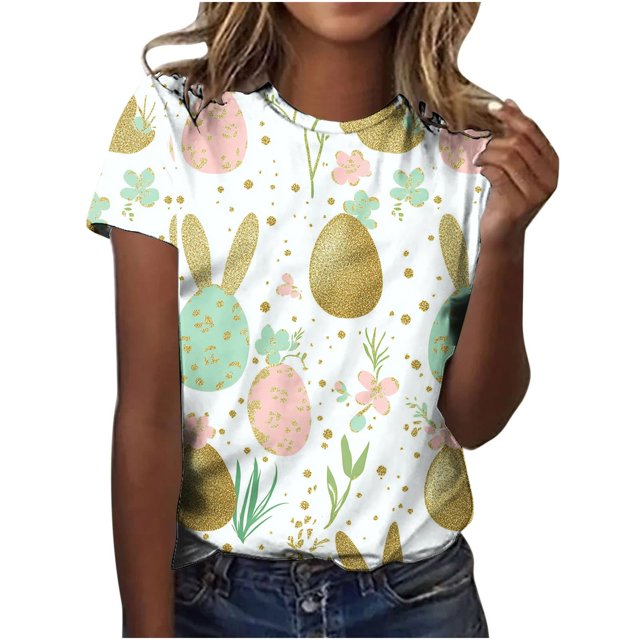 Pisexur Hauts pour Femmes Blouses Décontractées Élégantes Imprimé de Pâques Manches Courtes Col Rond, Grande Taille Multicolore, TG