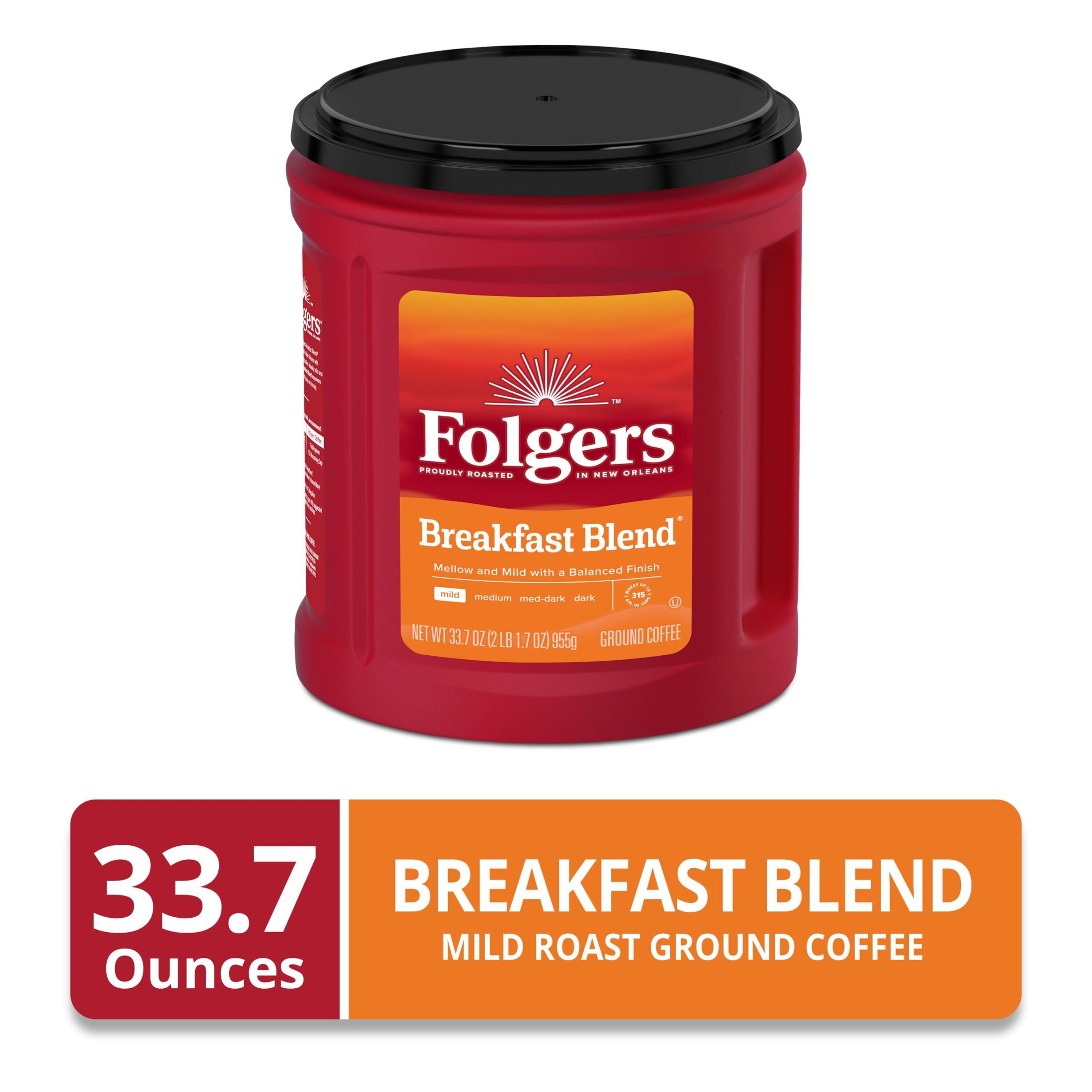 (6 pack) Folgers Breakfast Blend Ground Coffee, Smooth & Mild Coffee, 33.7 oz Canister