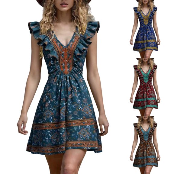 CHUMUD Summer Dresses for Women Boho Floral Sleeveless Mini Dress V-Neck A-Line Retro Short Dress Vacation
