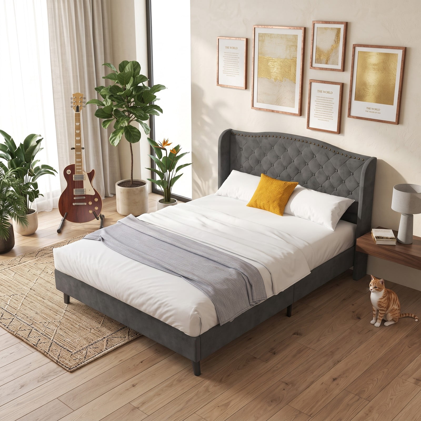 Furnibear Queen Bed Frame with Headboard, Velvet Upholstered Platform Bed Frame with Button Tufted Wingback and Nailhead Trim, No Box Spring, Gray