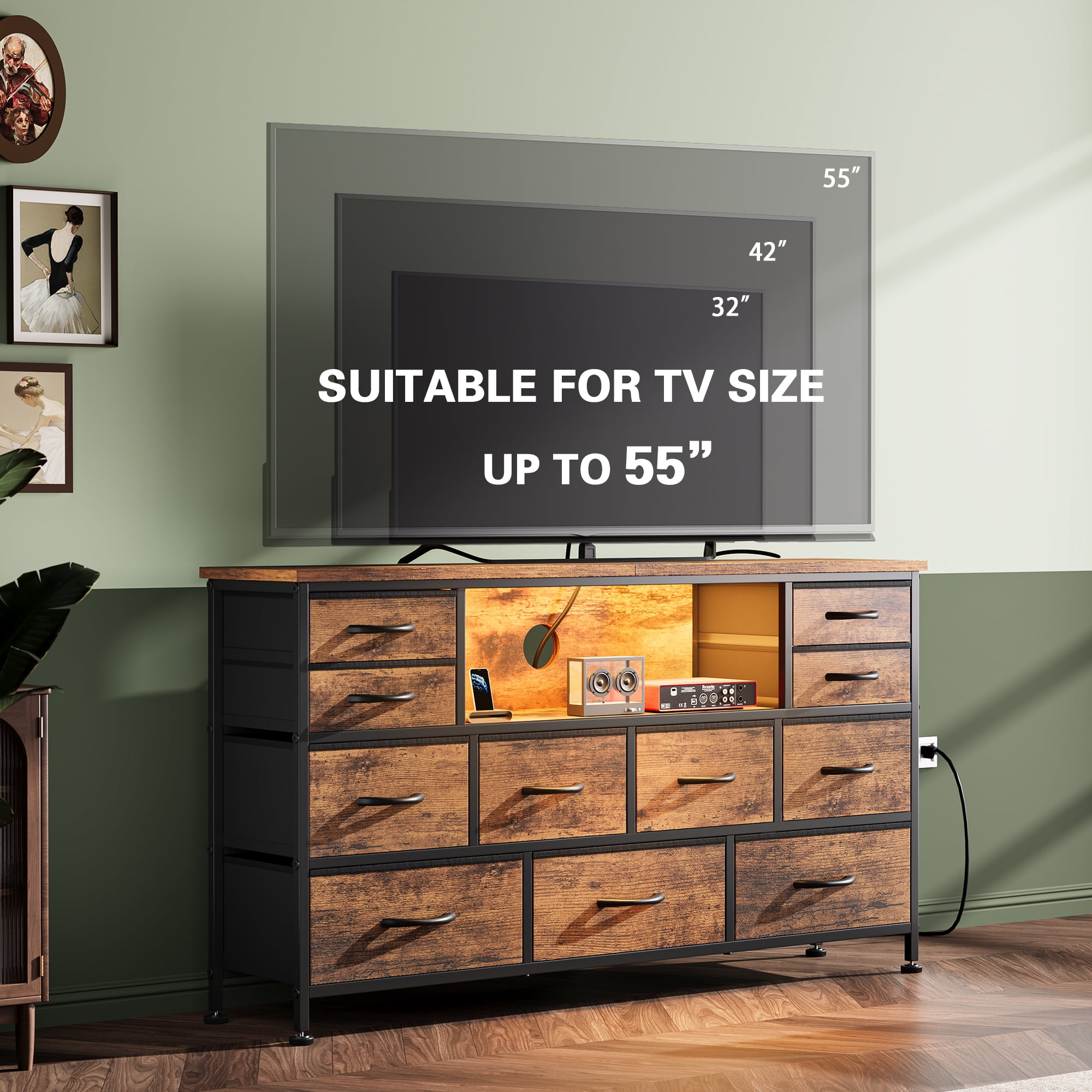 GIKPAL Long Dressers for Bedroom with LED Lights, Dresser TV Stands for 60 inch TV with 11 Brown Drawers and Power Outlets, Fabric Chest of Drawers for Bedroom Furniture, Living Room, All Age_group  (图4)