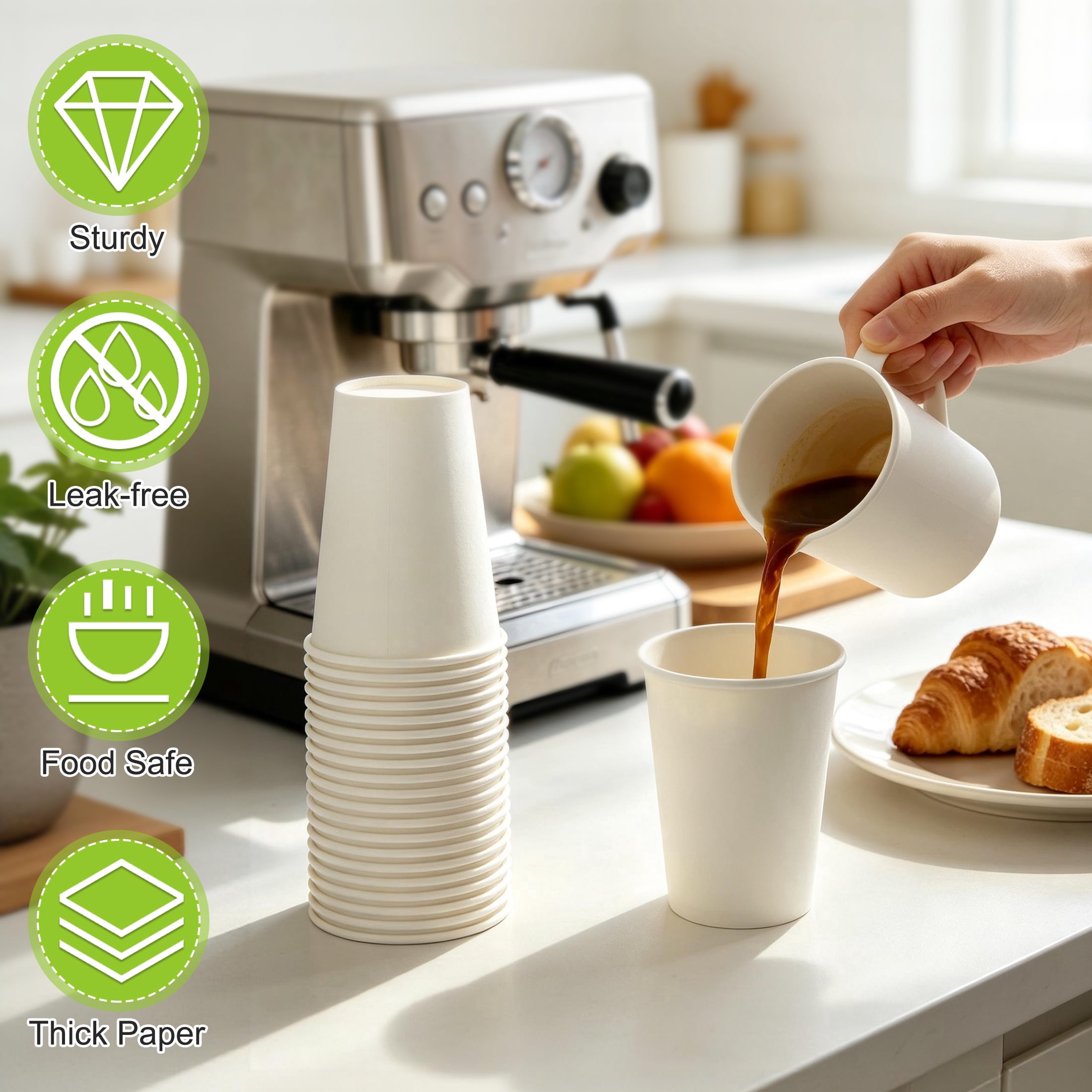 CISILOV 100 Pack Disposable Paper Cups 12oz, Heavy‑Duty White Paper Coffee Cups, Leak‑Proof Hot Cold Drink Cups for Coffee, Tea, Juice, Office, Party, Picnic