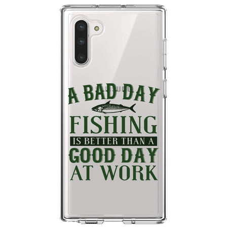 DistinctInk Clear Shockproof Hybrid Case for Samsung Galaxy Note 10 (6.3 Screen) - TPU Bumper Acrylic Back Tempered Glass Screen Protector - Bad Day Fishing is a Good Day