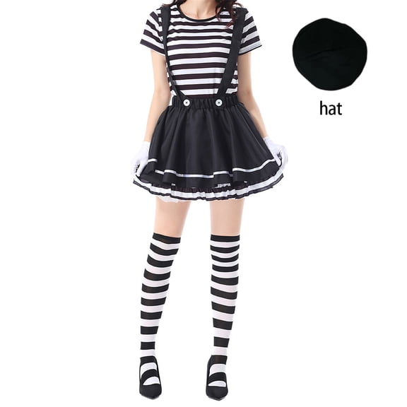 LMLYSoH Women Clown Costumes Black White Striped Tops Suspender Skirt Gloves and Hat Set Halloween Cosplay Outfit