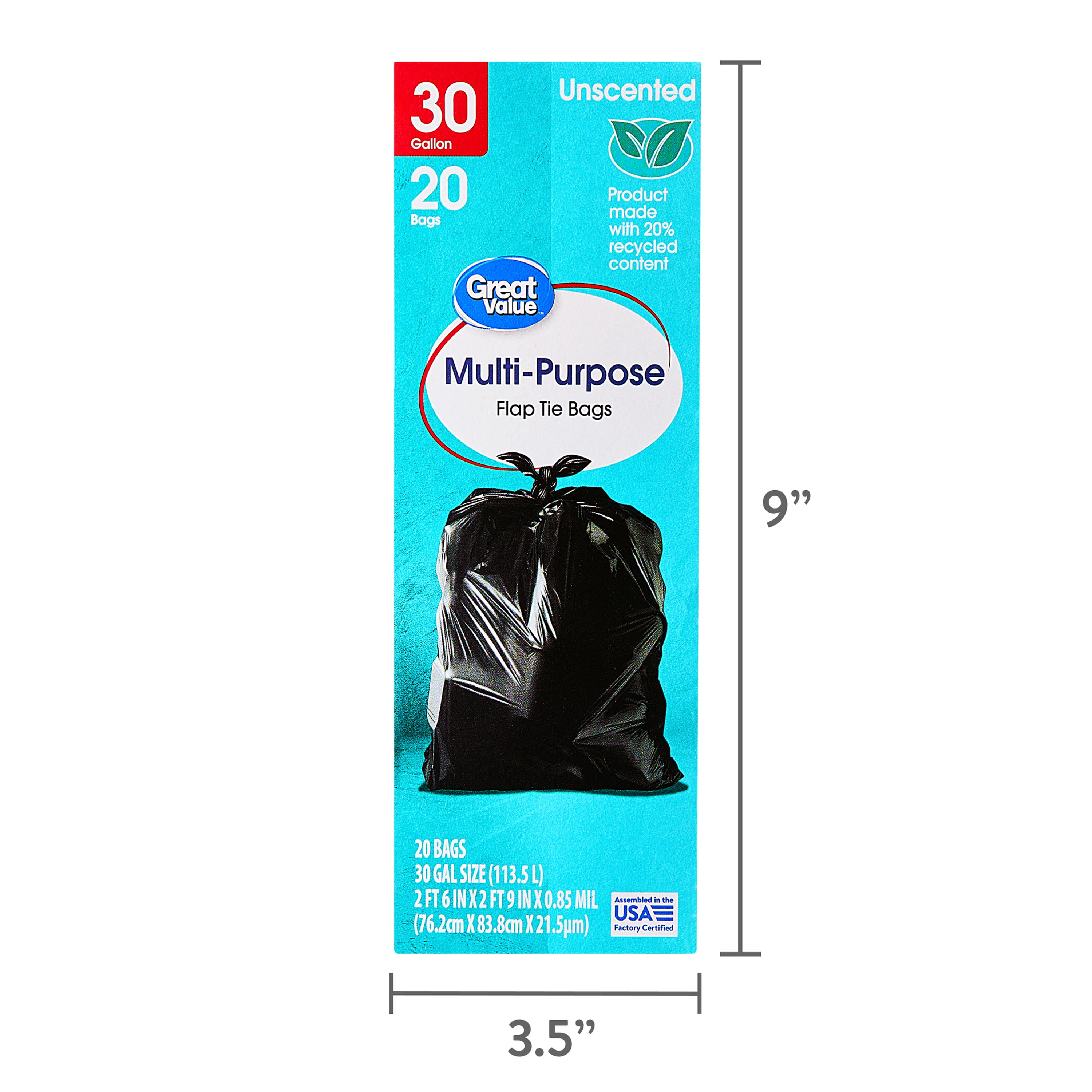 Great Value 30-Gallon Large Flap Tie Trash Bags, 20 Bags