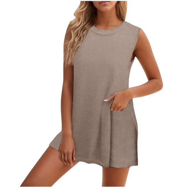 Timegard Ensembles 2 Pcs pour Femmes Col Ras du Cou Mi-Long Débardeur Shorts Décontractés Confortables Tenues en Tricot Mode d'Été