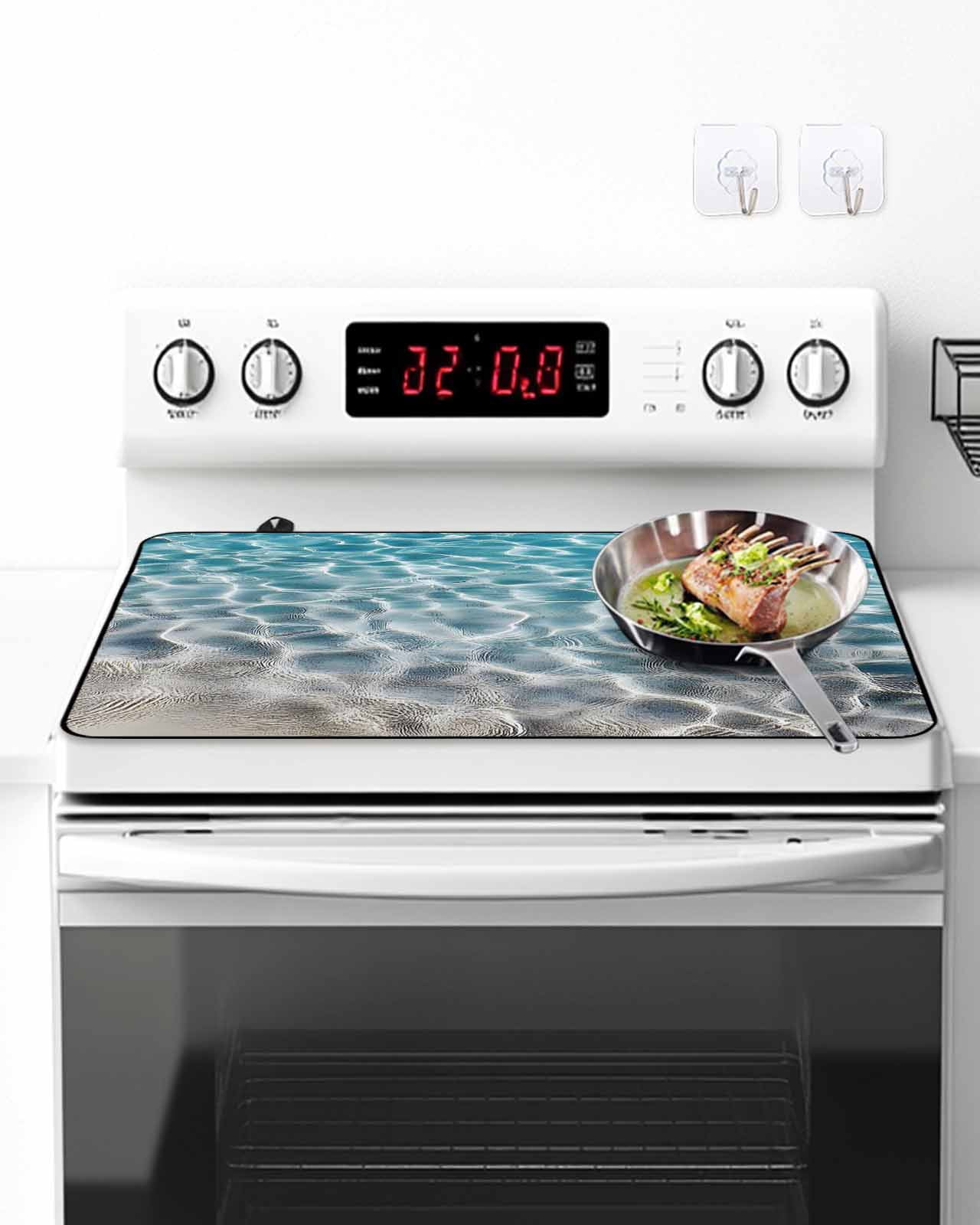 Stove Top Covers for Electric Stove 28.5x20.5 Inches, Summer Ocean Heat Insulation Fireproof Glass Cooktop Protector, Blue Water Ripple Farmhouse Texture Countertop Stovetop Cover for Kitchen