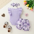 thumbnail image 3 of Younger Tree Toddler Baby Girl Clothes Outfits Summer Ruffle Sleeve Romper and Floral Shorts with Headband Set for 18-24 Months, 3 of 7