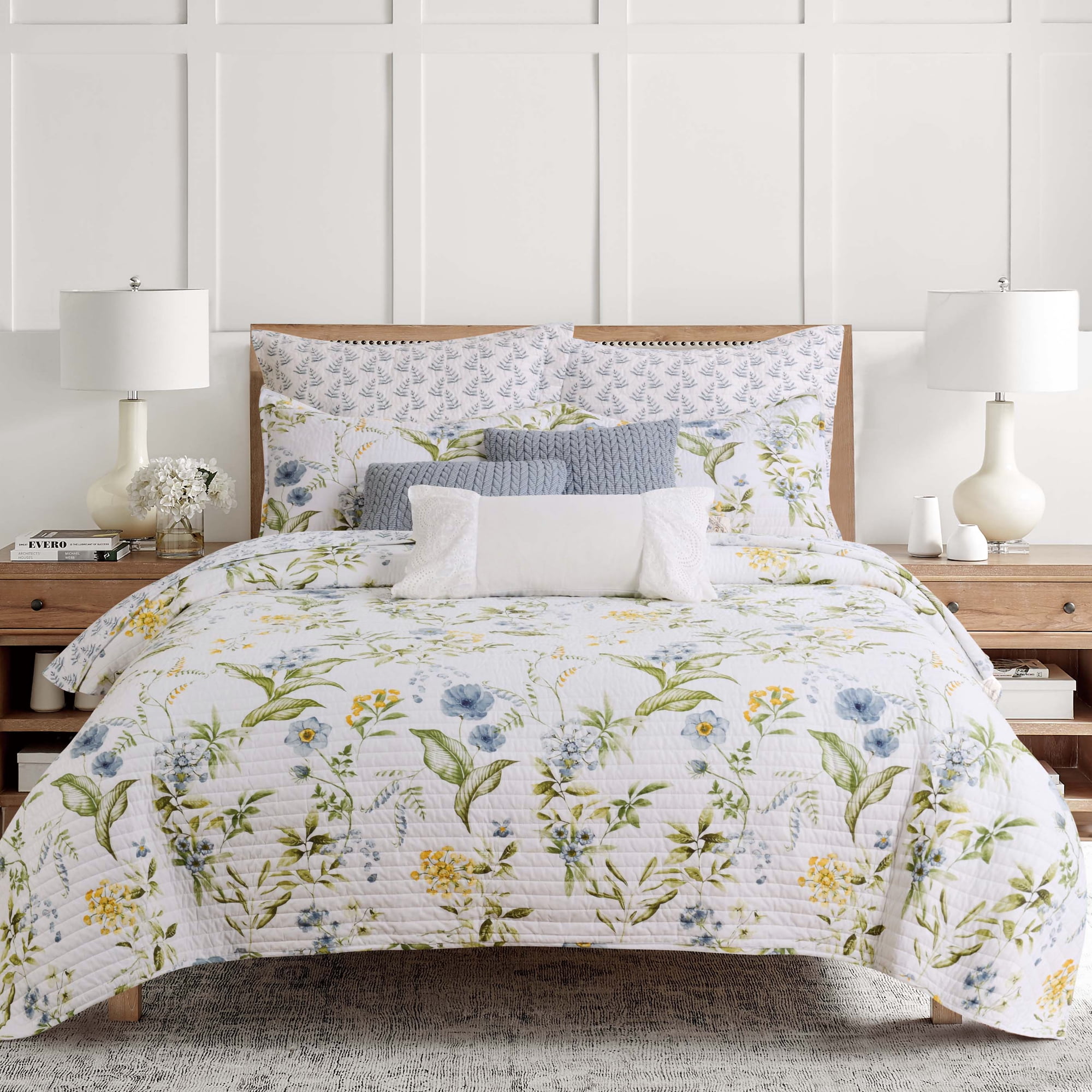 Levtex Home Viviana Blue Reversible King / Cal King Quilt Set (106x92in) with 2 Pillow Shams (36x20in) - Floral - Blue, Green, White - Cotton King Size Quilt Bedding Set - Lightweight, Soft