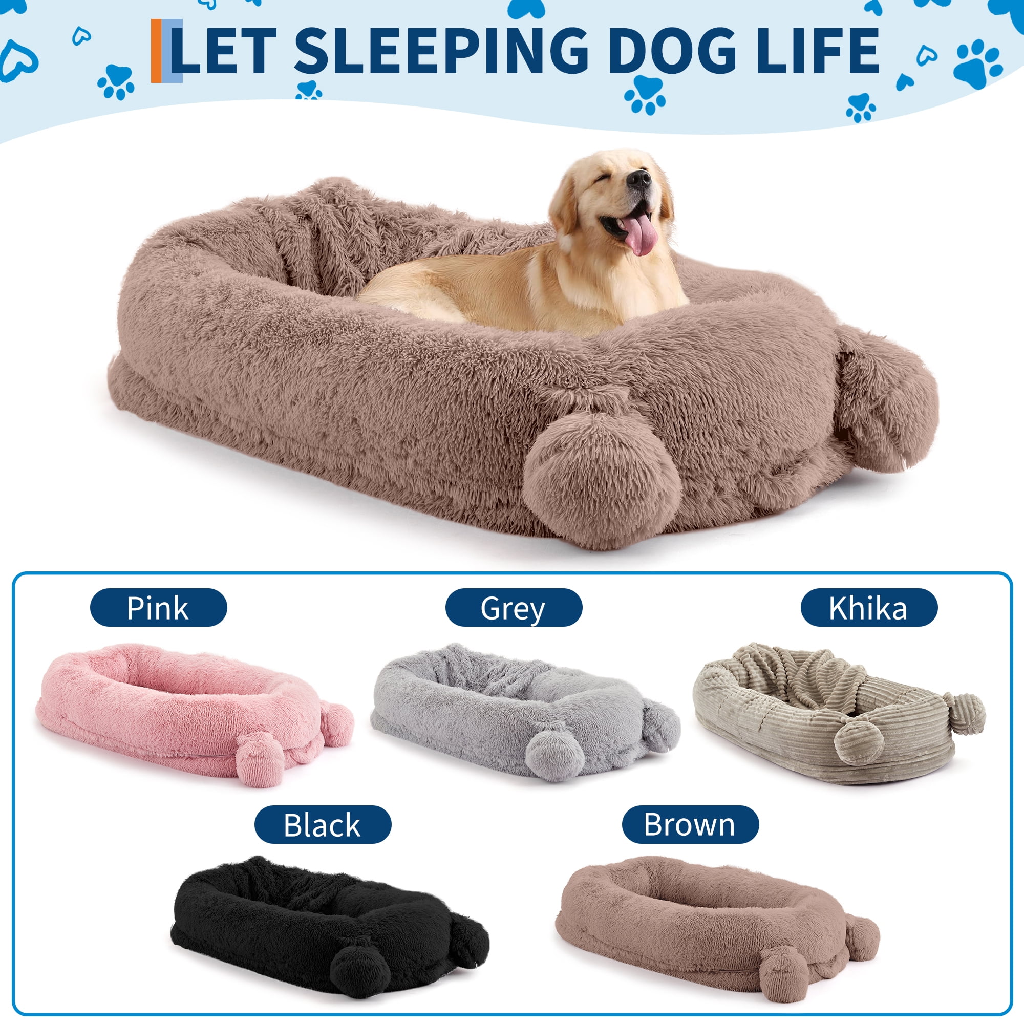 Human Dog Bed for Adults, Human Size Dog Bed Fits You and Pets, Washable Faux Fur Napping Orthopedic Dog Bed with Blanket & 2 Side Pockets, Khaki