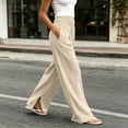 thumbnail image 5 of Wide Leg Linen Pants Women High Waisted Boho Beach Flowy Pants Pleated Casual Vacation Outfits Elastic Trousers Split Hem, 5 of 9