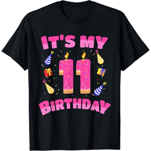 Funny Sweet Donut It's My 11th Birthday 11 Yr Old Gift Girls T-ShirtMen and women, Black T-shirt, size: Extra large