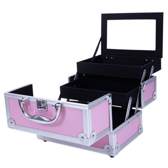 Qifang Pink Aluminum Makeup Train Case Portable Cosmetic Organizer Travel Vanity Box with Fold Out Compartments and Built-in Mirror 9"x6"x6"