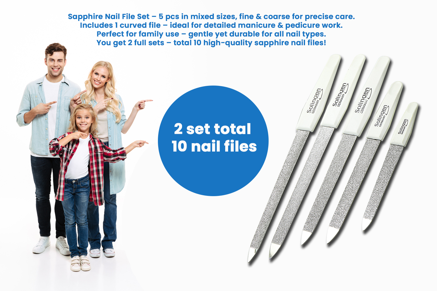SMI 10 Pcs Solingen Germany Sapphire Nail File Set + 2 Curved File - Fine and Coarse Nail Files - Double Sided Professional Manicure Pedicure Kit Best Nail File for Fingernail Toenail Care