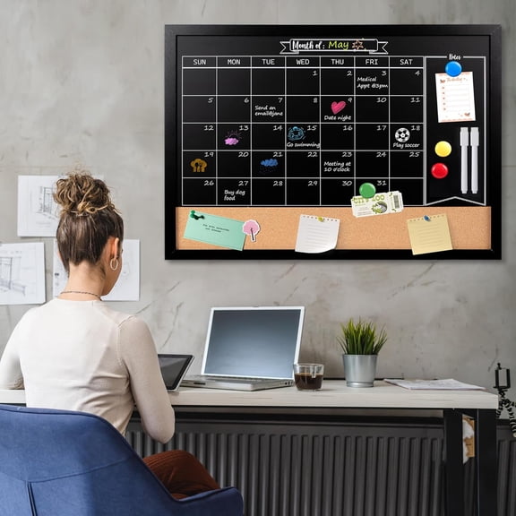 Monthly Chalkboard Calendar & Cork Board for Wall, 24"x36" Magnetic Chalk Calendar Board Combo Board, Large Wall Mounted Combination Board Blackboard for Office, Kitchen, School, Home, Black