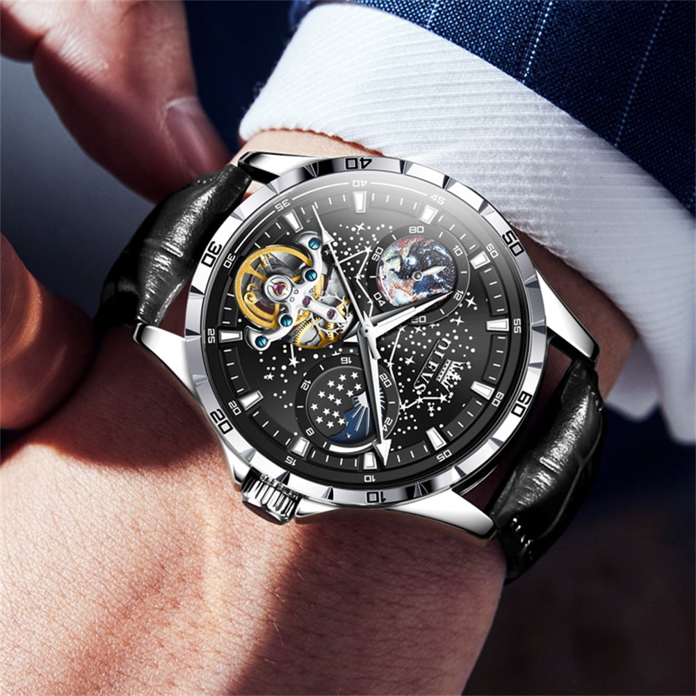 OLEVS Automatic Watches for Mens Starry Sky Skeleton Tourbillon Self Winding Mechanical Moon Phase Luminous Waterproof Luxury Dress Mens Wrist Watches Gifts Reloj Para Hombre Black/Blue/Green