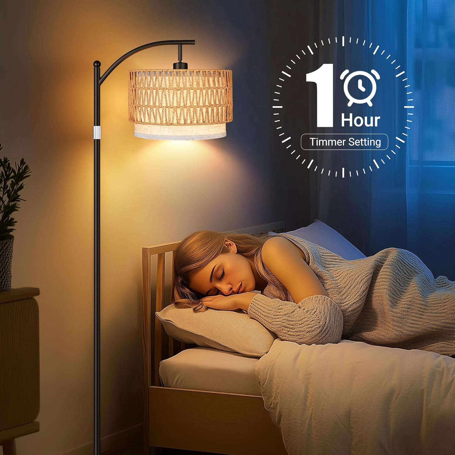 Boho Standing Lamps with Rattan& Linen Double Shades, Arc Lamps Floor Standing with 9W Bulb, Foot Switch, Rattan Floor Lamps for Living Room, Bedroom, Office-Drum