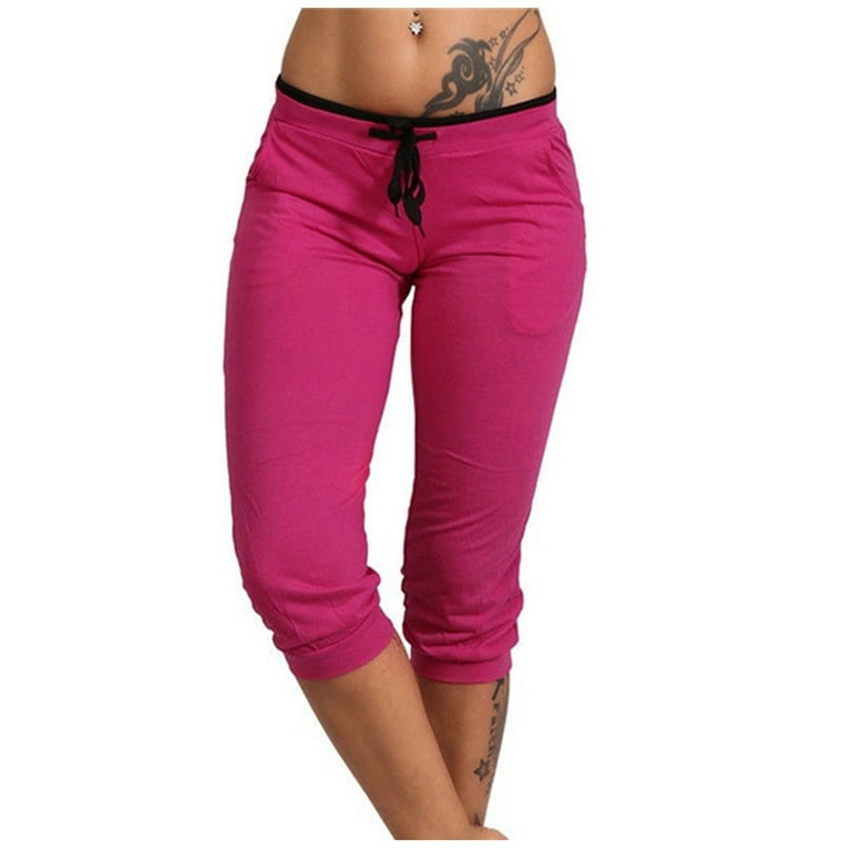 Cropped Sweatpants for Women Low Rise Drawstring Short Capri Pants Stretch  Sports Work Out Leggings Lounge Wear (3X-Large, Hot Pink)