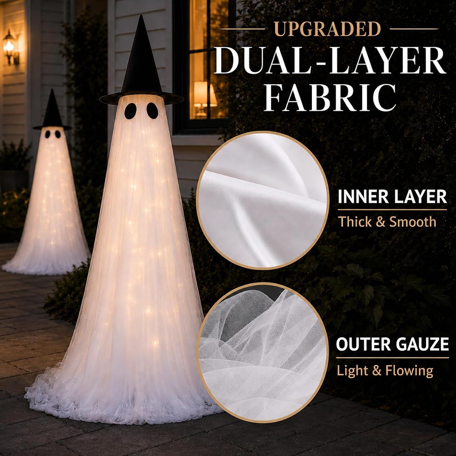 Lighted Halloween Ghost Decorations, 2 Pack, 5 ft Tall, 8 Lighting Modes with Timer, Battery or USB Powered, Porch and Lawn Outdoor Holiday Decor