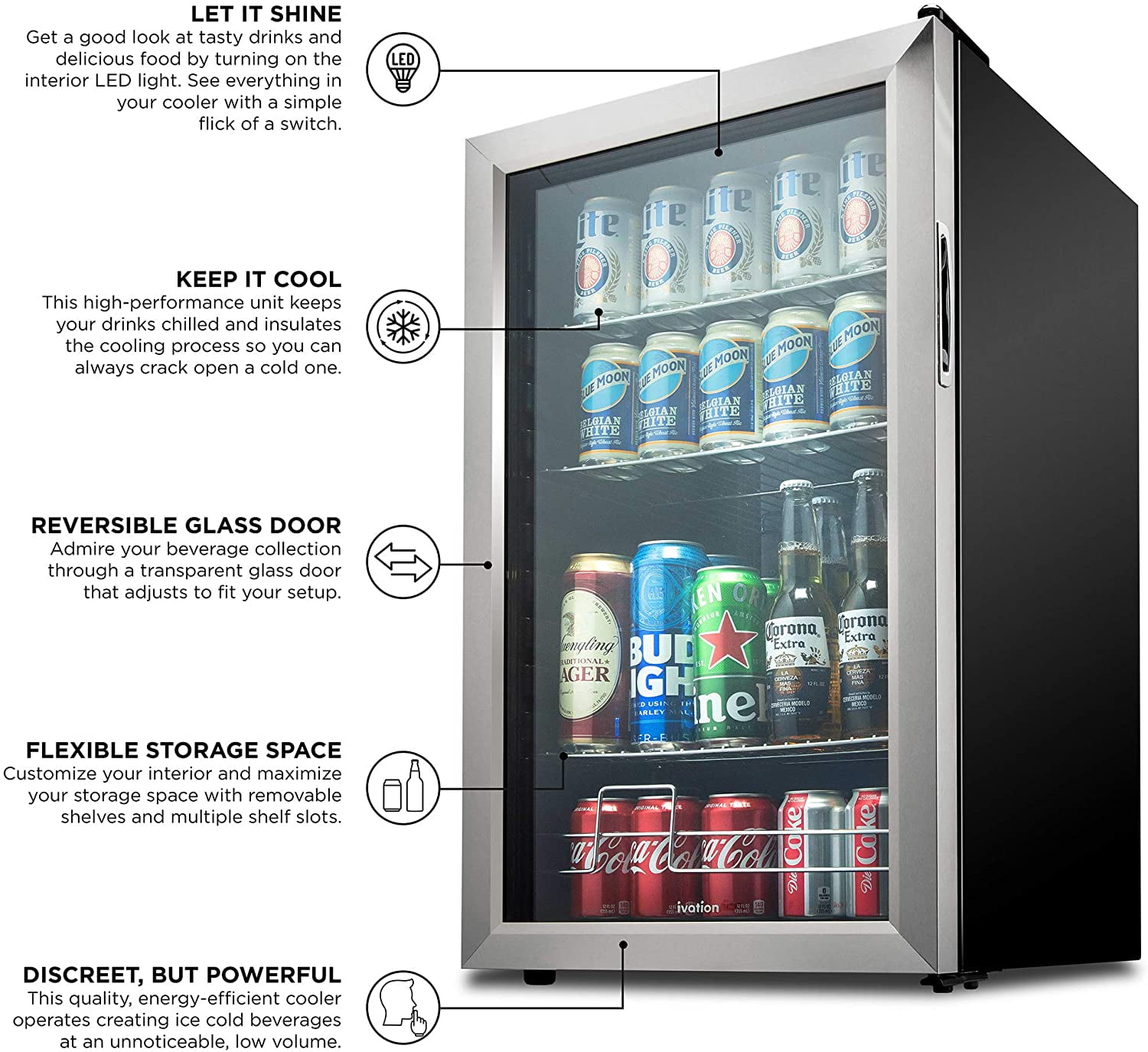Ivation 3 Cu Ft Beverage Refrigerator with Glass Door, Stainless Steel