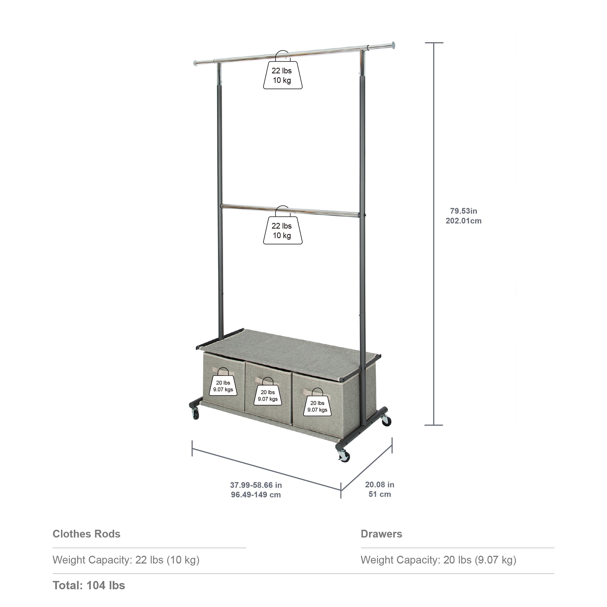 Better Homes & Gardens 2-Tier Metal Rolling Garment Rack with 3 Drawer Closet Organizer, Gray