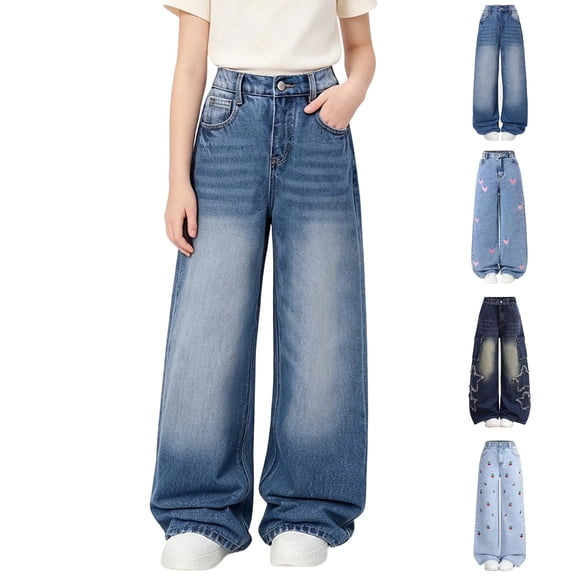 Frostluinai Baggy Jeans for Girls Distressed Wash Denim Pants Retro Streetwear Elastic Waist Wide Leg Trousers with Pocket 7-13 Years