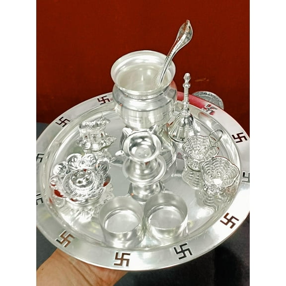 Silver plated embossed pooja set for housewarming/ diwali pooja festival