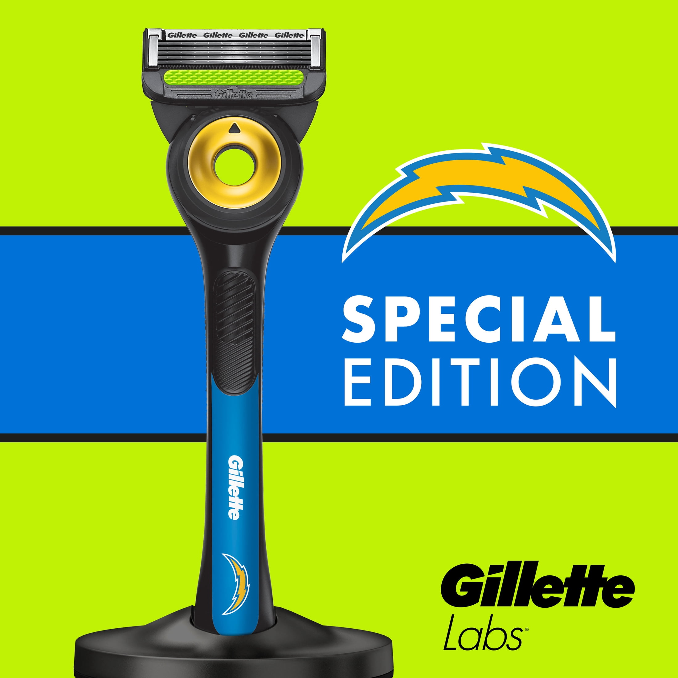 Gillette Labs Official Chargers Licensed Razor for Men, Perfect for Game Day Grooming, Gillette Labs with Exfoliating Bar, 1 Handle, 4 Blade Refills, with Magnetic Stand