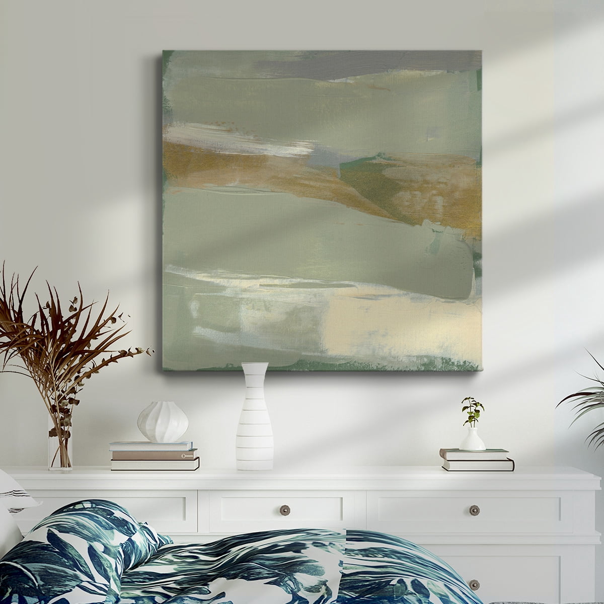 Wexford Home Sage & Gold Swipe V-Premium Gallery Wrapped Canvas, 40" x 40" - Ready to Hang