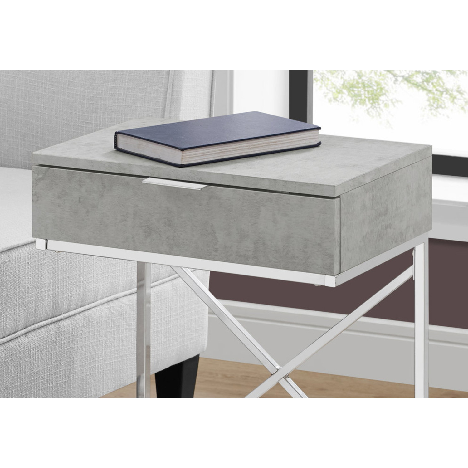 Modern Grey Storage Accent Table, Contemporary Side End Table with Drawer, Chrome Metal, for Living Room and Bedroom