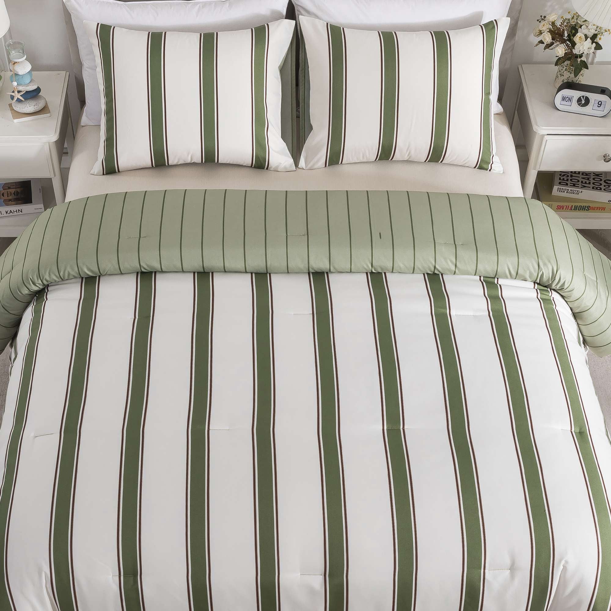 Mainstays Full/Queen Comforter Set, All-Season, 3-Piece, Green Stripe