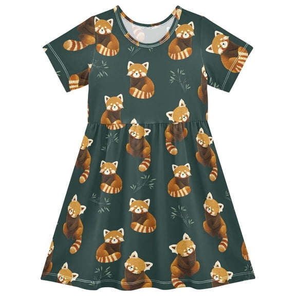 Cute Red Pandas Doing Yoga Pattern Short Sleeve Dress A-Line Cute Midi Casual Sundress 2-8 Years
