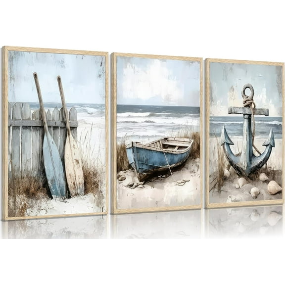 3Pcs Coastal Beach Canvas Wall Art Sailboat Paddle And Anchor Paintings Pictures Wall Decor Nautical Posters Prints Artwork Suitable for Living Room Bedroom Home Office Corridor Home Decroation