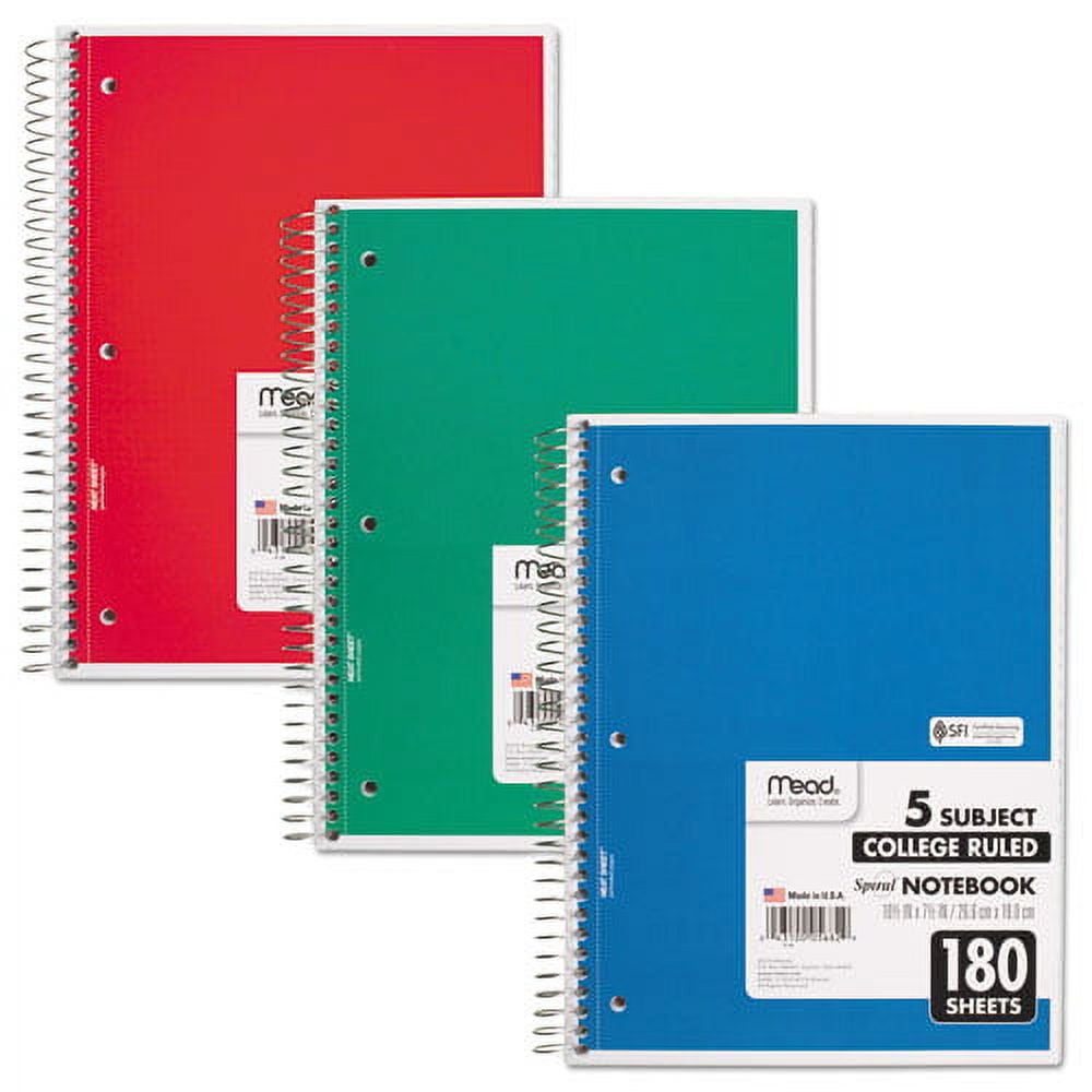 "Spiral Notebook, 5 Subject, Medium/college Rule, Randomly Assorted Covers, 10.5 X 8, 180 Sheets | Bundle of 5 Each"