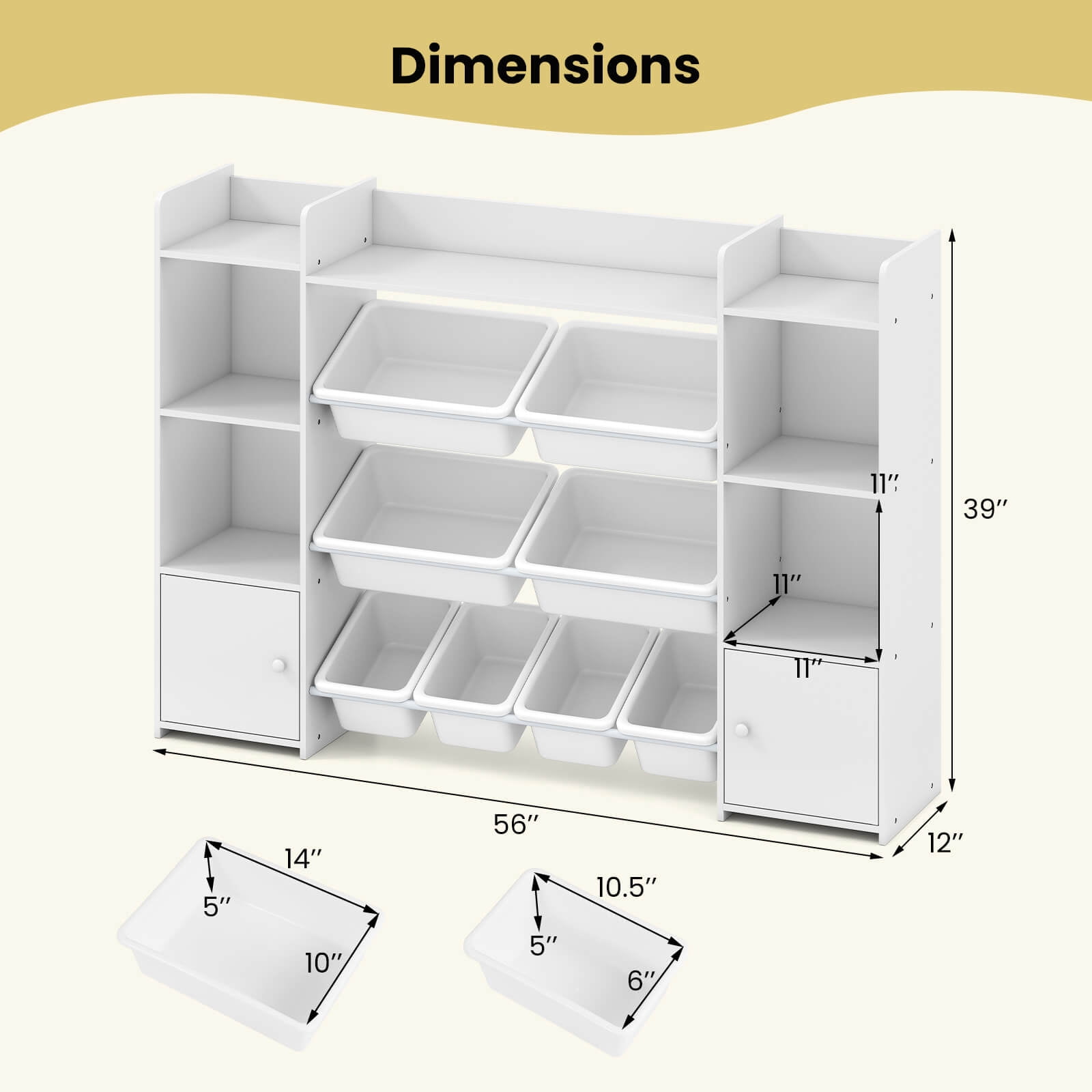 Costway 4-Tier Large Storage Cabinet with 6 Cubbies & 8 Removable Bins Bookshelf White