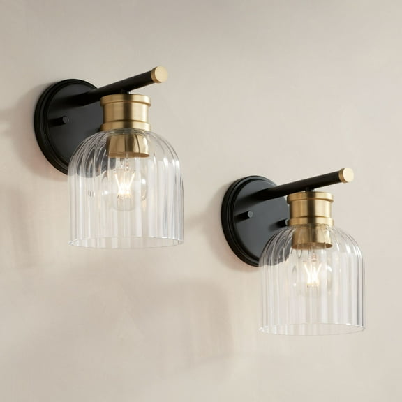 Stiffel Lana 9" High Modern Wall Sconce Light Lamp Fixture Mount Set of 2 Bathroom Bedroom Hardwired Black Warm Brass Glass Shade