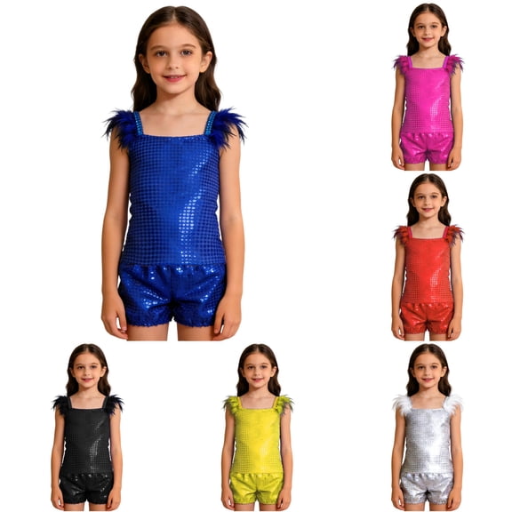 Girls Glam Performance Outfit Sequin Sleeveless Top Shorts Stage Show Party Dance Set Girls Casual Outfit Sets