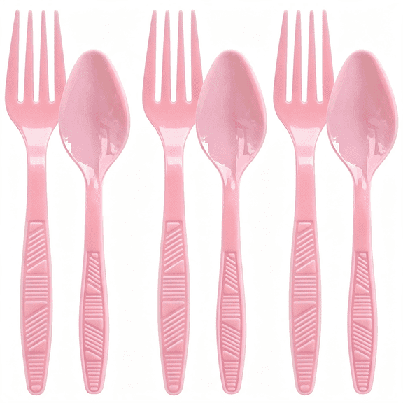 NORIZF Plastic Forks and Spoons Heavy Duty, Pink Disposable Plastic Silverware Set for Party Supplies 96Pcs, Pink Plastic Silverware
