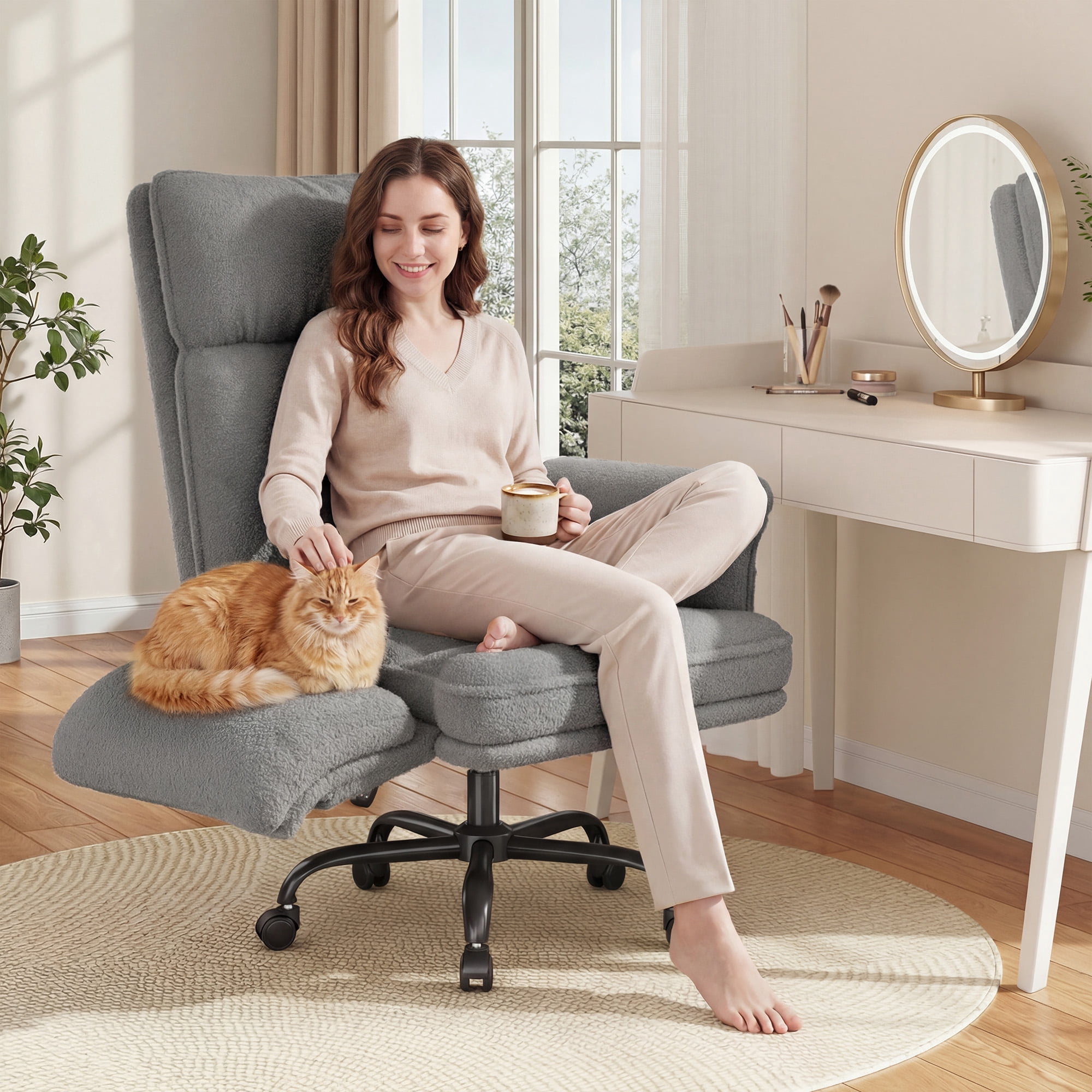 Romorgniz Criss Cross Chair with Armrests & Wheels Ergonomic Computer Gaming Chair with Two Side Pockets Teddy Plush Wide Seat Reclining Desk Chair for Home Office, Gray