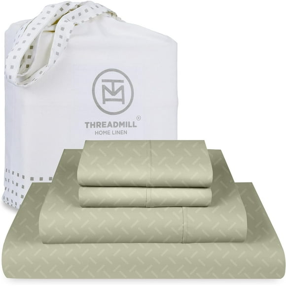SHILIU-Threadmill 100% Cotton Sheets for King Size Bed | 4 Pc King Bed Sheets Set | Soft, Breathable Lightweight Damask Sateen for All-Season Use | Snug Fit Elastic Deep Pocket King Sheets | Sage Gre