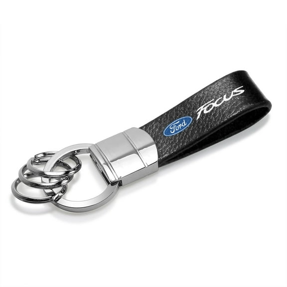 iPick Image for Ford Focus Black Real Leather Strap Chrome Round Hook Metal Key Chain, Official Licensed