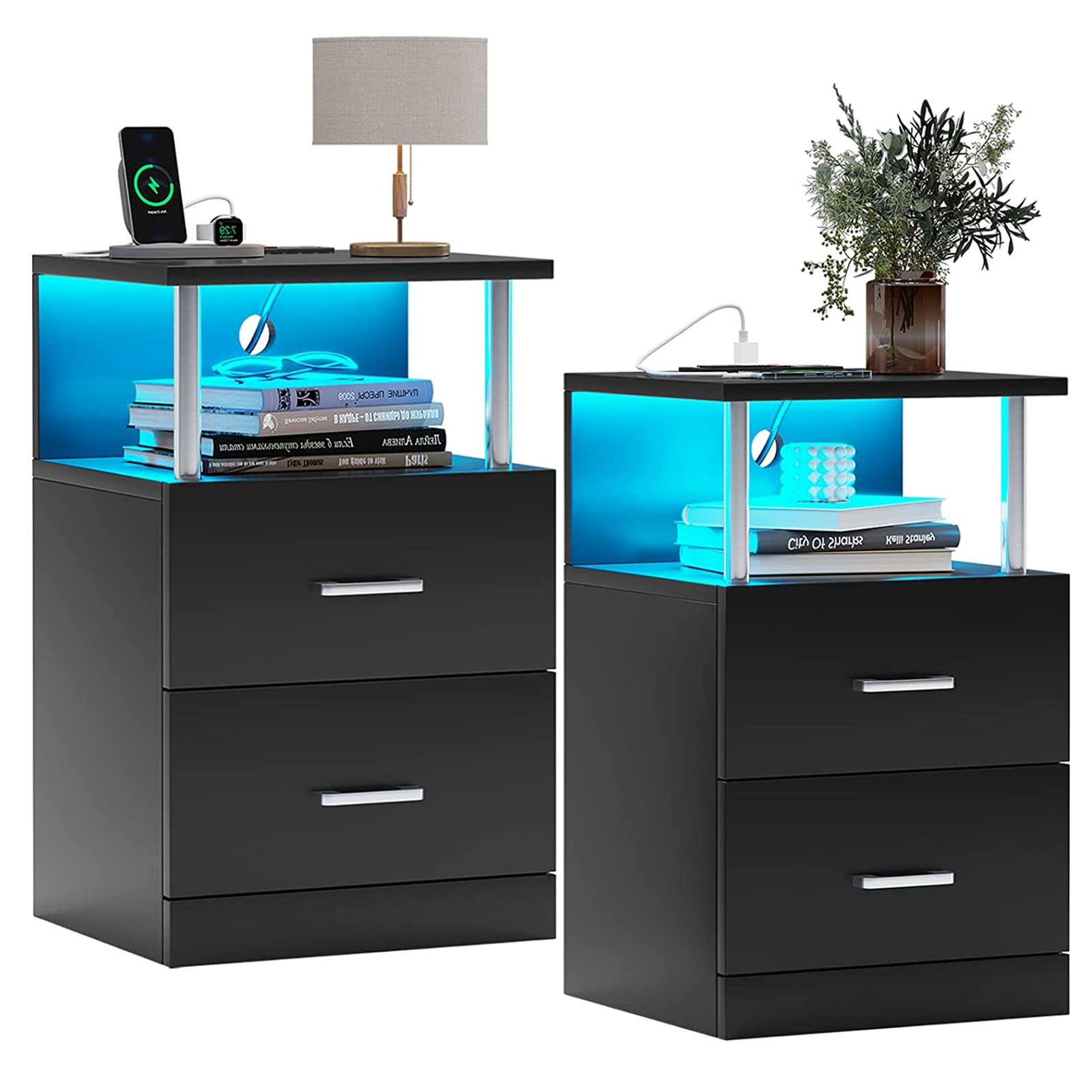 Black Nightstand Set of 2 with Charging Station and LED Lights for