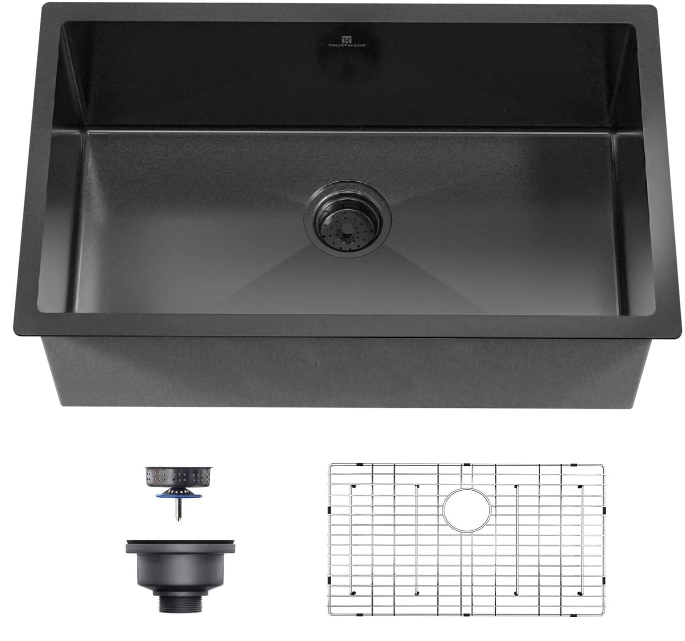 Trustmade 30 x 18 Inch Black Ceramic Coating with NanoTek Undermount Kitchen Sink, 16 Gauge Stainless Steel Wet Bar or Prep Sinks Single Bowl