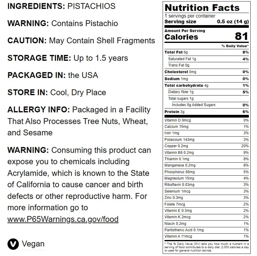 Dry Roasted Pistachio Whole Kernels, 2 Pounds — Vegan — by Food to Live