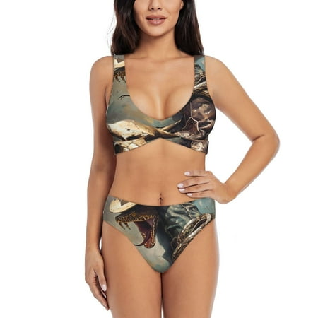 Zeuib Western Cowboy Snake Ram Skull High Waisted Tummy Control Bikini Set - Knot Front Push Up Top & Cheeky Thong Bottom  Two-Piece Swimsuit for Women-Small